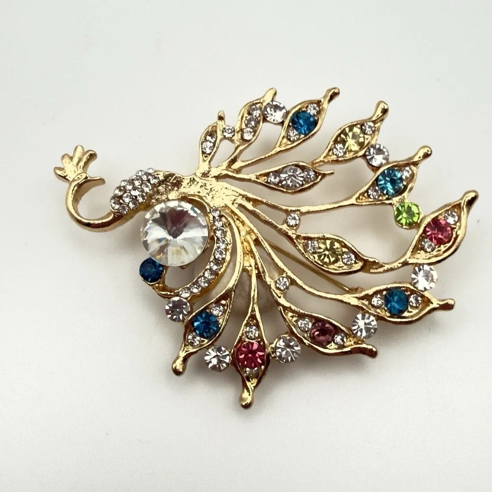 Hummingbird & Peacock Brooch Set Gold Tone Rhinestone Enamel Bird Pins